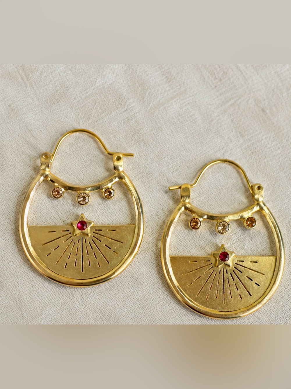 Anthropologie Celestial Star Hoop Earrings | Gold Brass Sun Ray Crystal